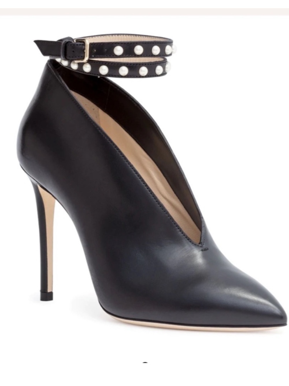 Jimmy Choo Black Leather Pointed Stiletto with Pearl-Stud Ankle Straps